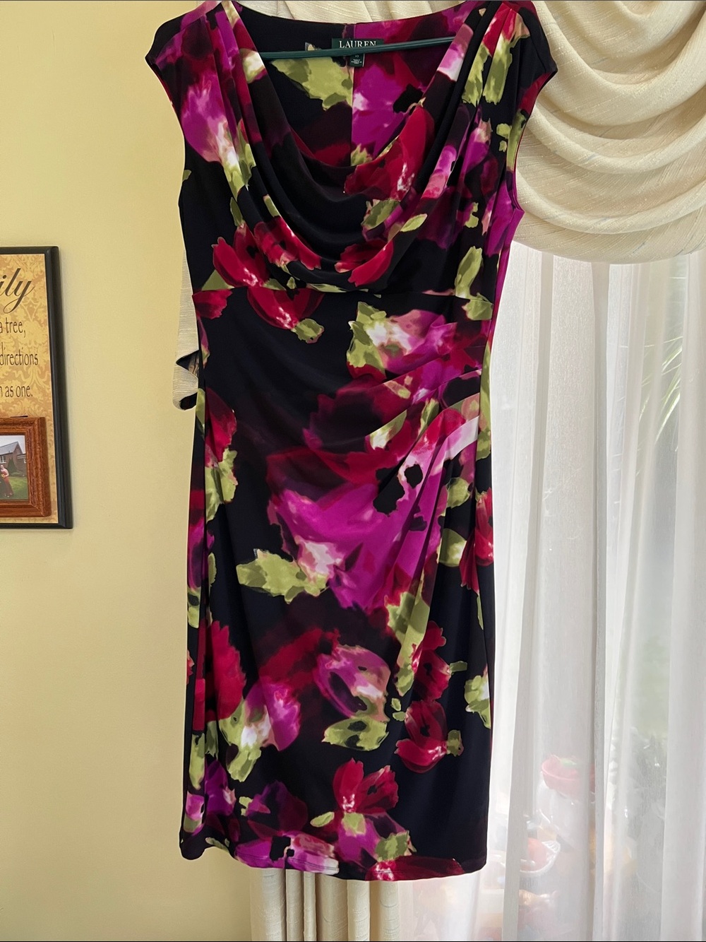 Ralph Lauren Black Midi Dress with Fuchsia and Lime Floral Print